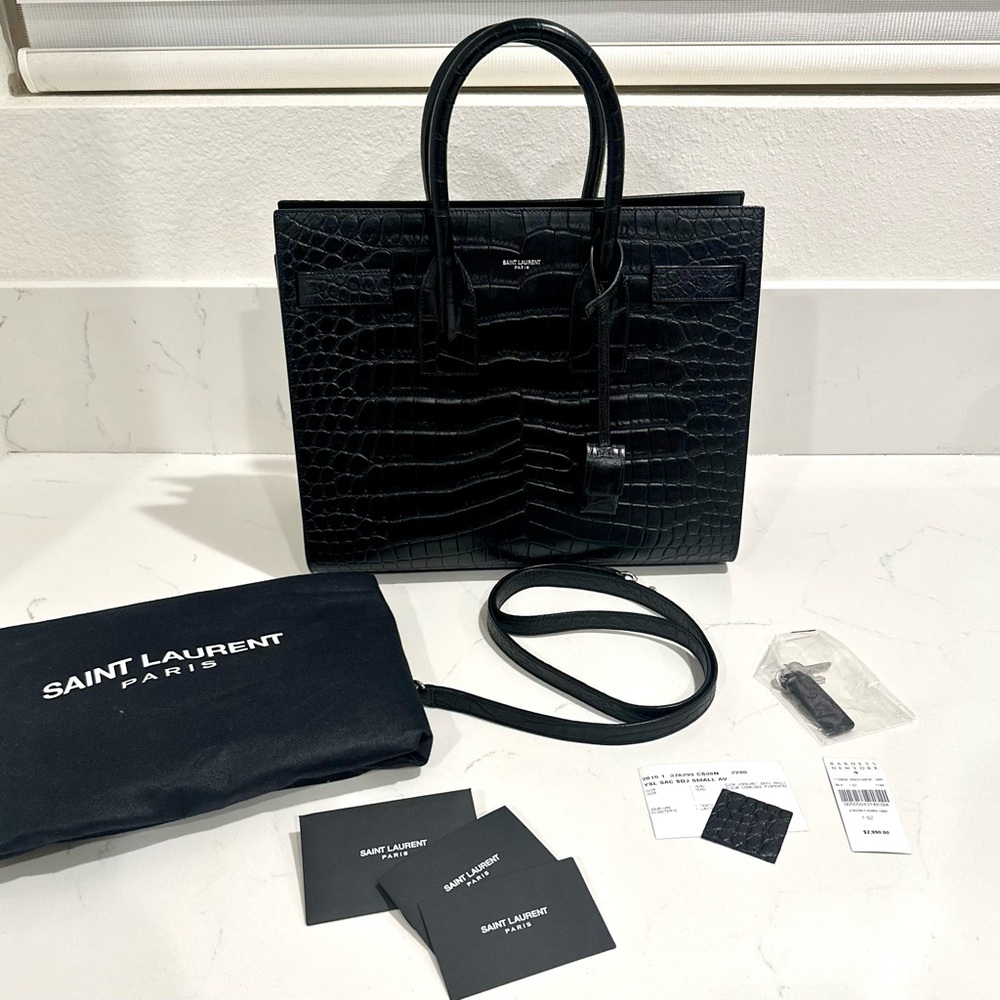 Saint Laurent YSL Sac de Jour Black Crocodile Embossed Tote Bag